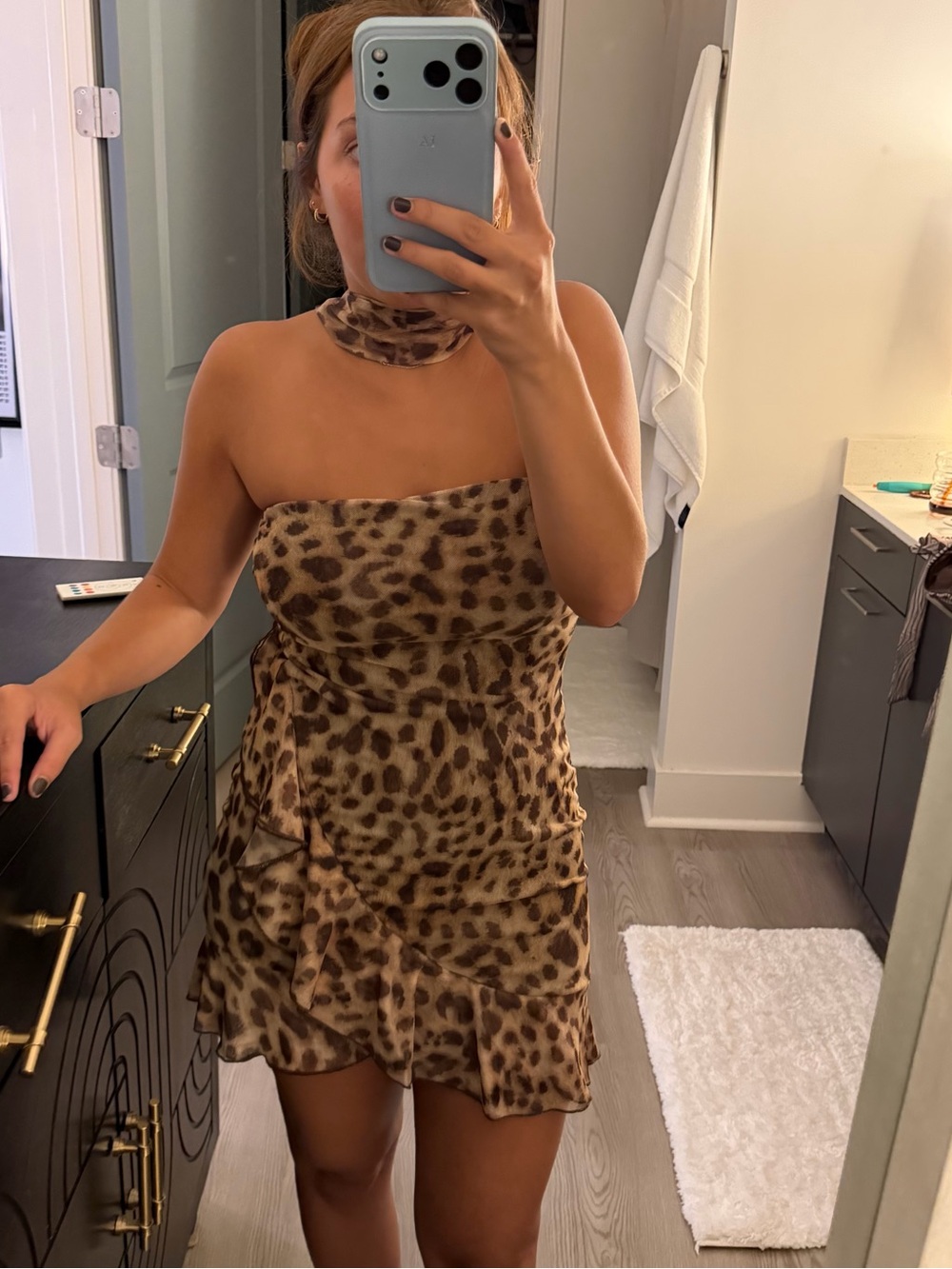 Zara Brown Leopard Print Strapless Mini Dress with Choker